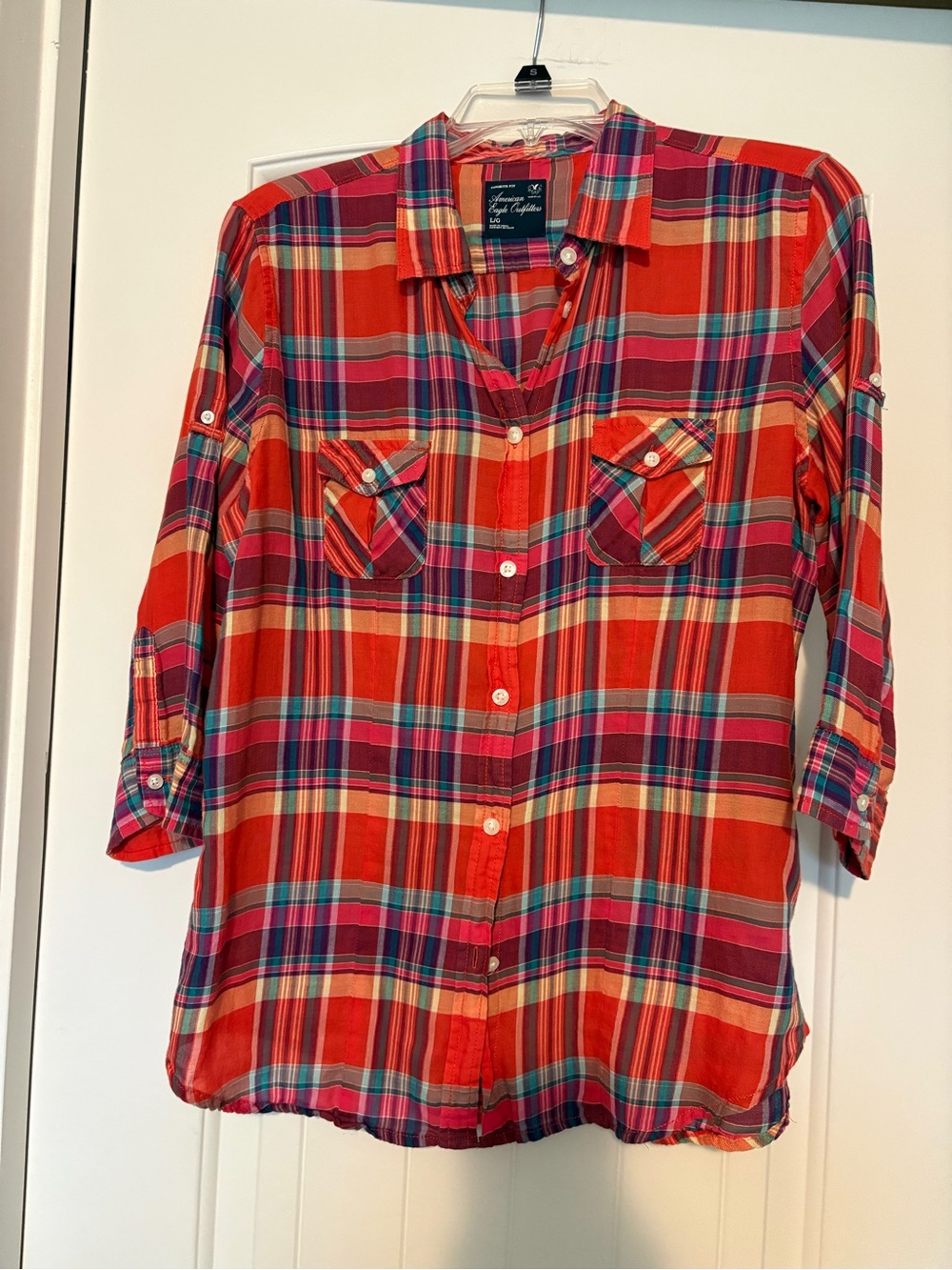 American Eagle Women's Red Plaid Button-Front Shirt - Lightweight Casual Top